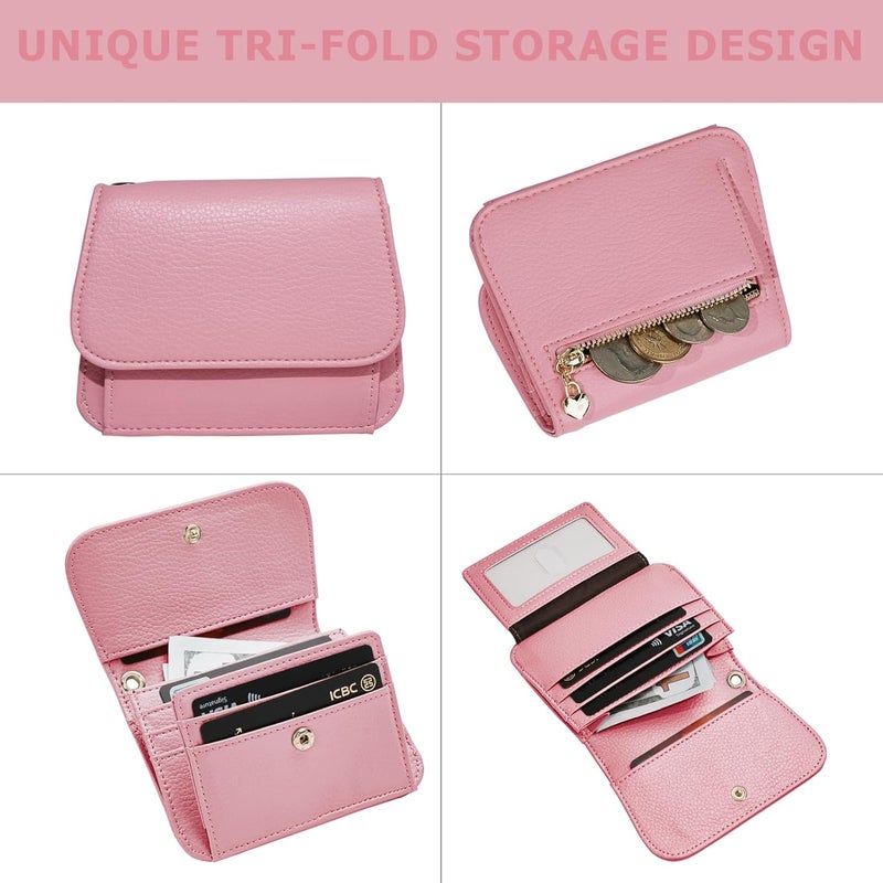 Sunpour Women Small Wallet RFID Blocking Slim Wallet with Coin Pocket Tri-Fold Credit Card Holder with ID Window and Keychain(Pink) - Image 3